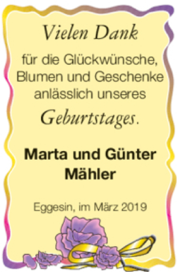 Glückwunschanzeige von Marta und Günter Mähler