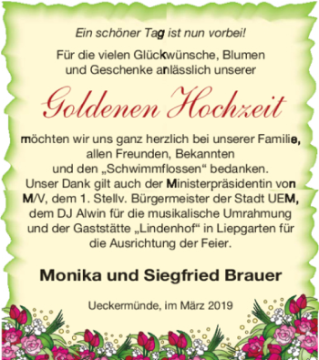 Glückwunschanzeige von Monika und Siegfried Brauer