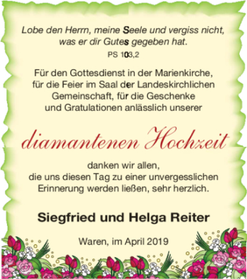 Glückwunschanzeige von Siegfried und Hela Reiter