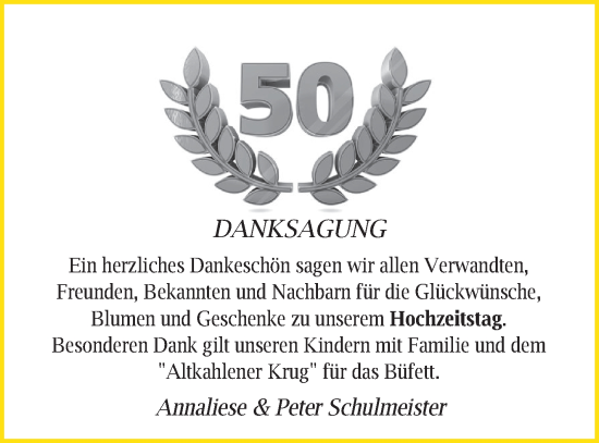 Glückwunschanzeige von Annaliese und Peter Schulmeister