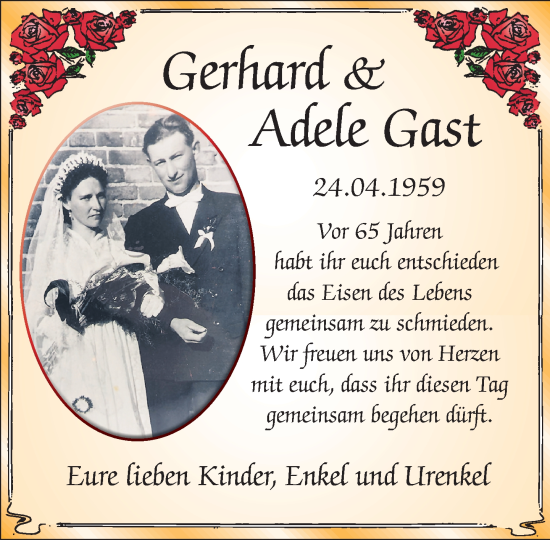 Glückwunschanzeige von Gerhard und Adele Gast