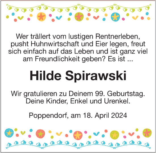 Glückwunschanzeige von Hilde Spirawski