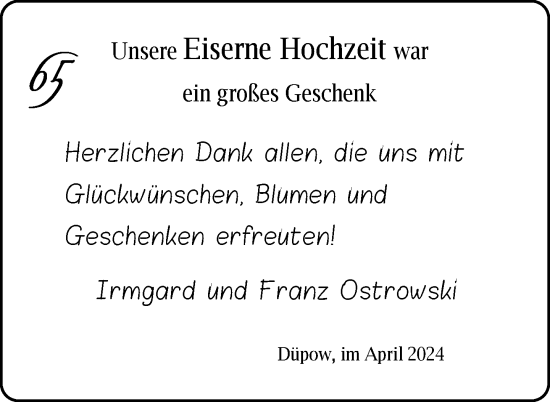 Glückwunschanzeige von Irmgard und Franz Ostrowski