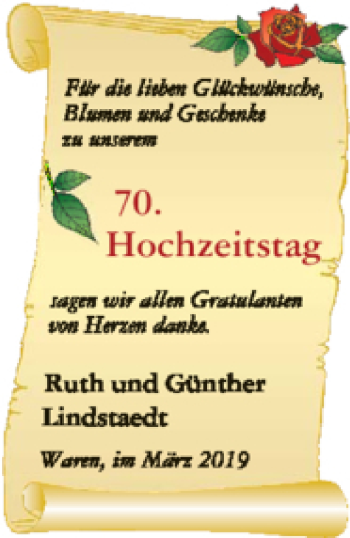 Glückwunschanzeige von Ruth und Günther Lindstaedt