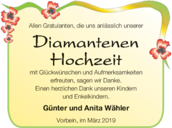 Glückwunschanzeige von Günter und Anita Wähler