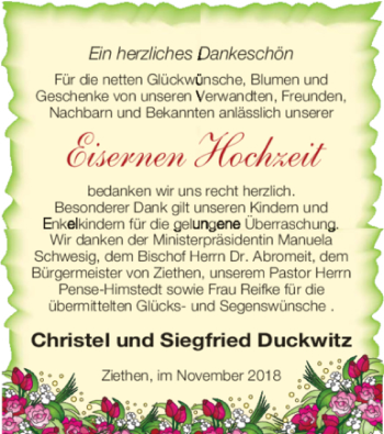 Glückwunschanzeige von Christel und Siegfried Duckwitz