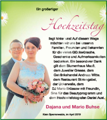 Glückwunschanzeige von Dajana und Mario Buhse