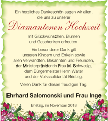 Glückwunschanzeige von Ehrhard und Inge Salomonski