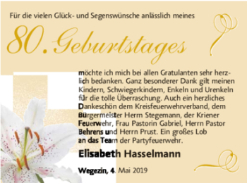 Glückwunschanzeige von Elisabeth Hasselmann