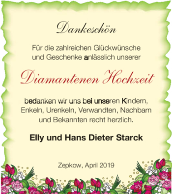 Glückwunschanzeige von Elly und Hans Dieter Starck