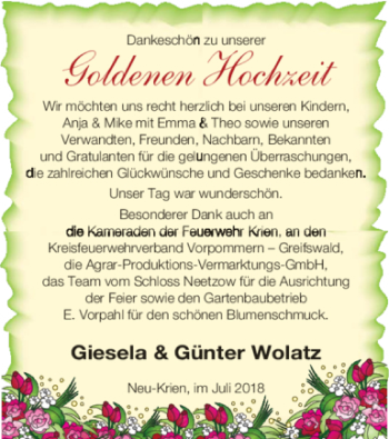 Glückwunschanzeige von Giesela und Günter Wolatz
