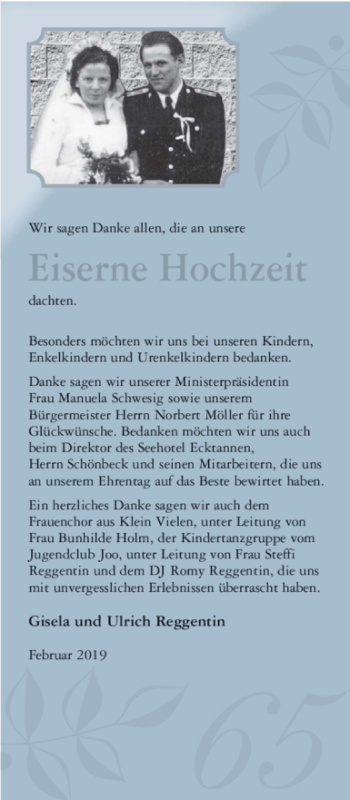 Glückwunschanzeige von Gisela und Ulrich Reggentin