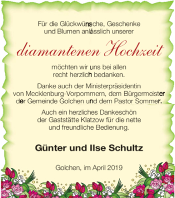 Glückwunschanzeige von Günter und Ilse Schultz