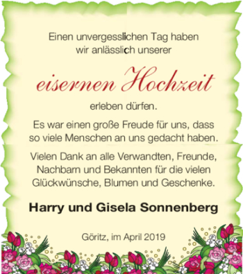 Glückwunschanzeige von Harald und Gisela Sonnenberg