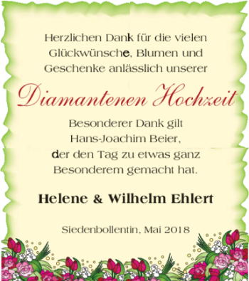 Glückwunschanzeige von Helene und Wilhelm Ehlert