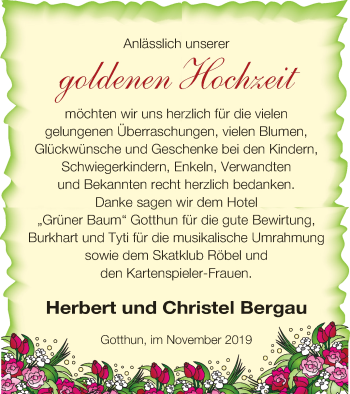 Glückwunschanzeige von Herbert und Christel Bergau