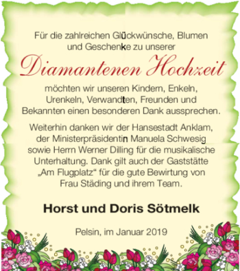 Glückwunschanzeige von Horst und Doris Sötmelk