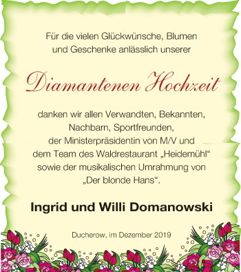Glückwunschanzeige von Ingrid und Willi  Domanowski