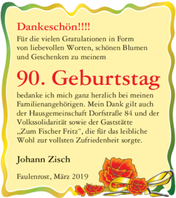 Glückwunschanzeige von Johann Zisch