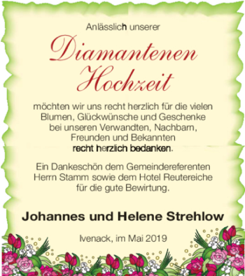 Glückwunschanzeige von Johannes und Helene Strehlow