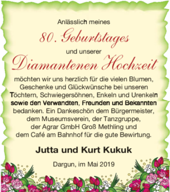 Glückwunschanzeige von Jutta udn kurt Kukuk