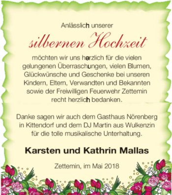 Glückwunschanzeige von Karsten und Kathrin Mallas