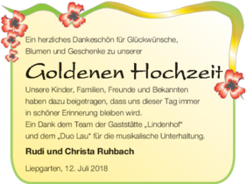 Glückwunschanzeige von Rudi und Christa Ruhbach