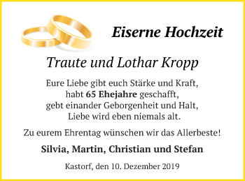 Glückwunschanzeige von Traute und Lothar Kropp