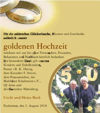 Glückwunschanzeige von Uschi und Heinz Beck