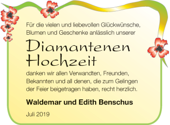 Glückwunschanzeige von Waldemar und Edith Benschus