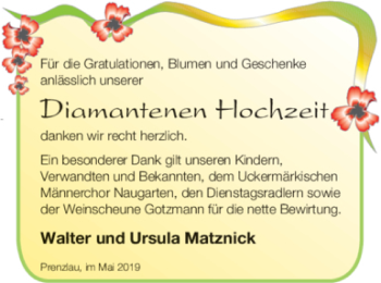 Glückwunschanzeige von Walter und Ursula Matznick