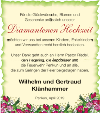 Glückwunschanzeige von Wilhelm und Gertraud Klänhammer