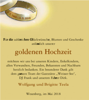 Glückwunschanzeige von Wolfgang und Brigitte Teela