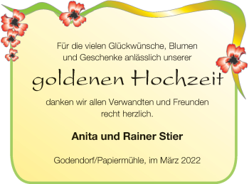 Glückwunschanzeige von Anita und Rainer Stier