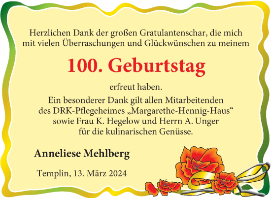 Glückwunschanzeige von Anneliese Mehlberg