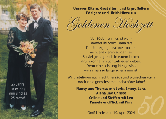 Glückwunschanzeige von Edelgard und Ulrich Hinze