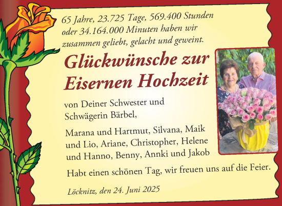 Glückwunschanzeige von Eiserne Hochzeit 
