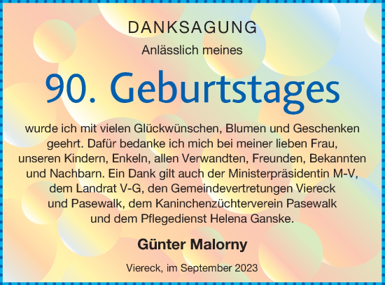 Glückwunschanzeige von Günter Malorny