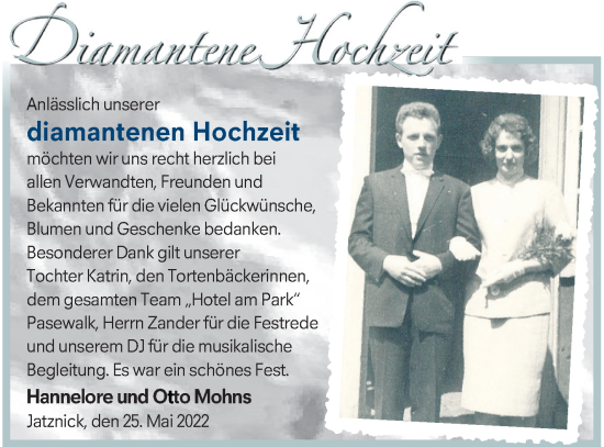 Glückwunschanzeige von Hannelore und Otto Mohns