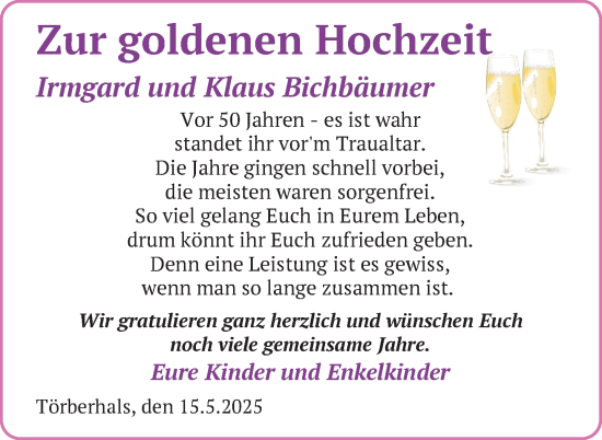 Glückwunschanzeige von Irmgard und Klaus Bichbäumer
