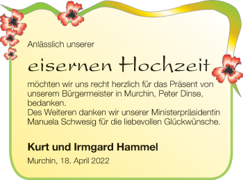 Glückwunschanzeige von Kurt und Irmgard Hammel