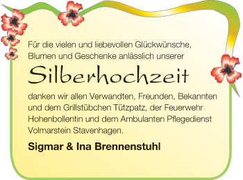 Glückwunschanzeige von Sigmar und Ina Brennenstuhl