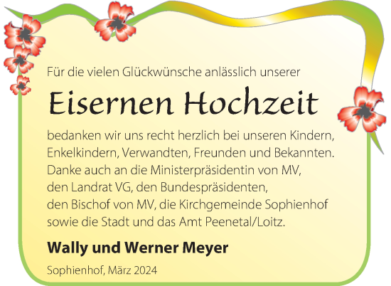 Glückwunschanzeige von Wally und Werner Meyer