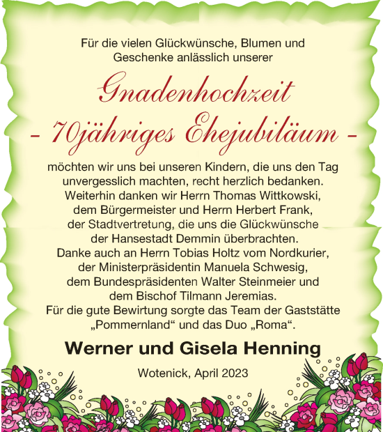 Glückwunschanzeige von Werner und Gisela Henning