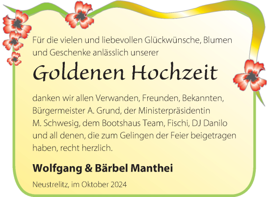 Glückwunschanzeige von Wolfgang und Bärbel Manthei