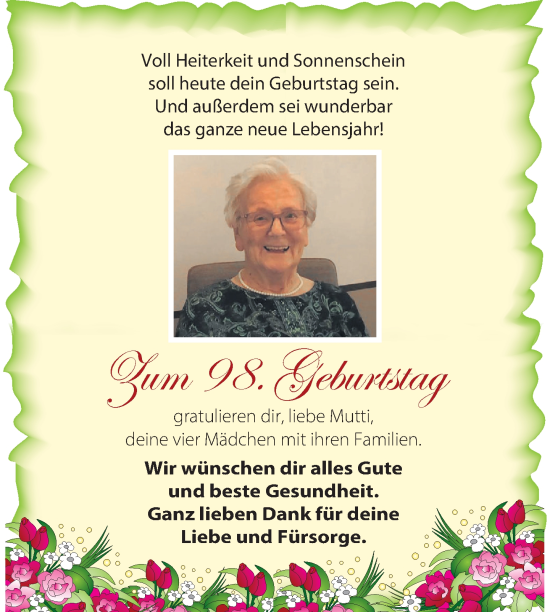 Zur Glückwunschseite von Zum 98. Geburtstag